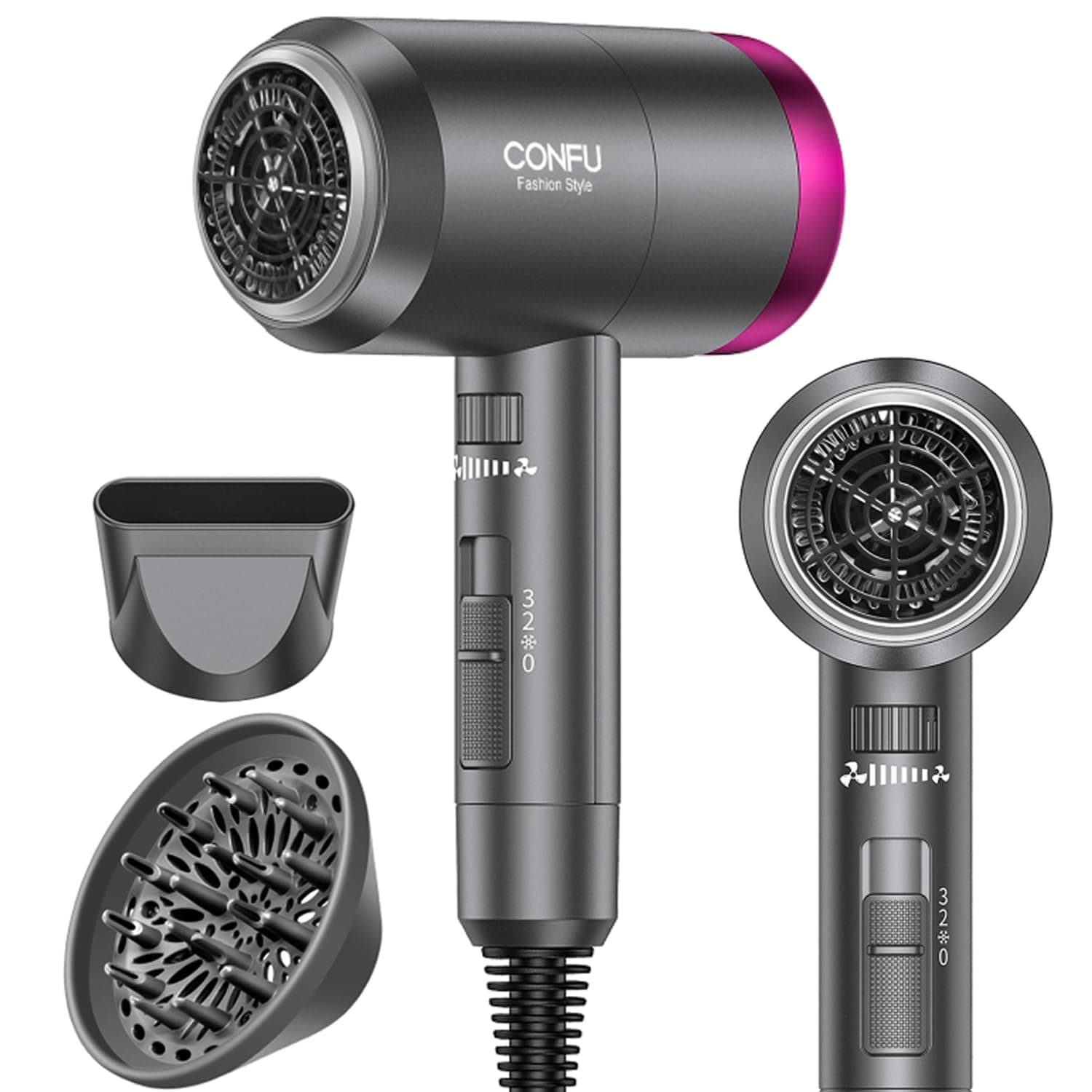 CONFU 1600W Ionic Hair Dryer with Diffuser & Concentrator