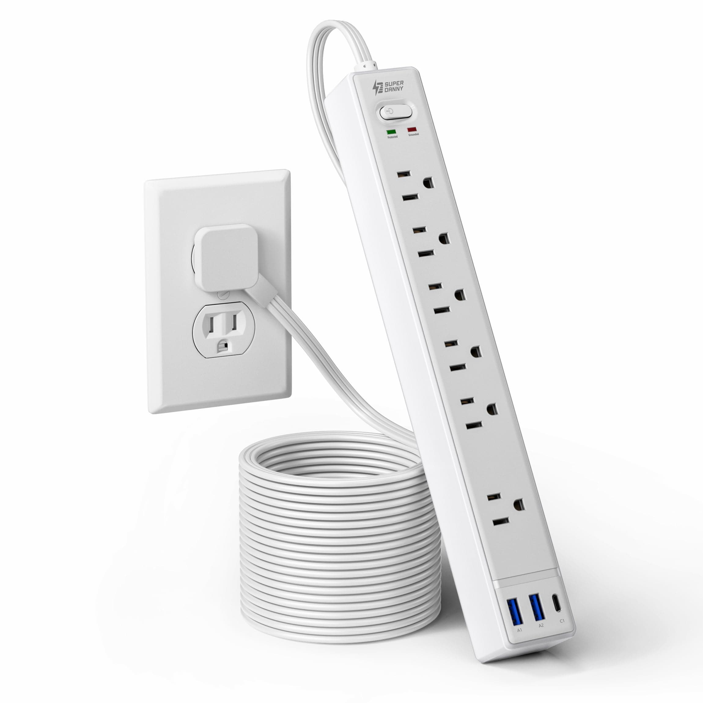 SUPERDANNY 10Ft Flat-Plug Power Strip, 6 Outlets