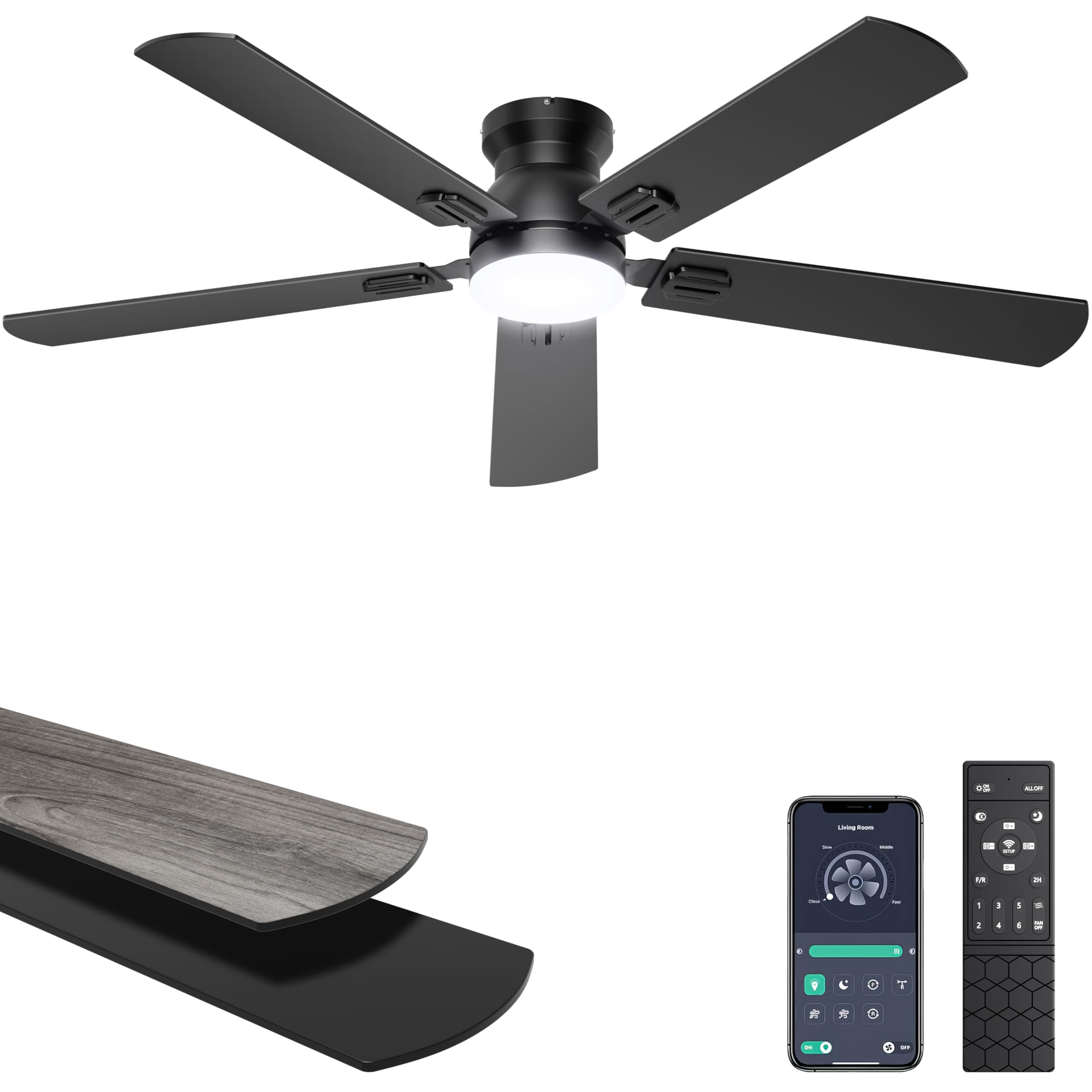 Ohniyou 52-Inch Low-Profile LED Ceiling Fan