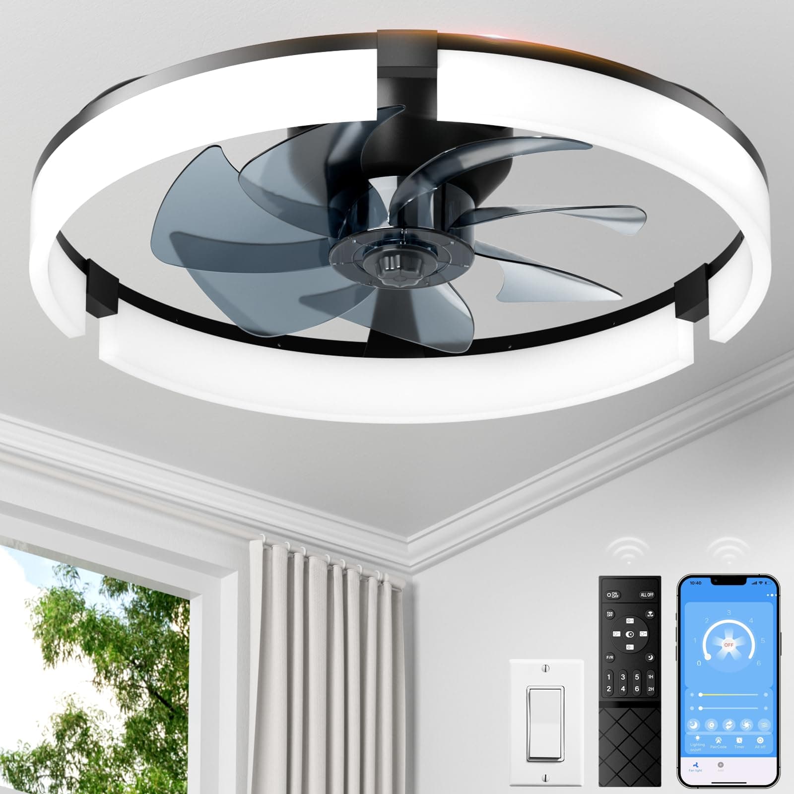 PACOVY 20" Low-Profile Ceiling Fan with Dimmable LED