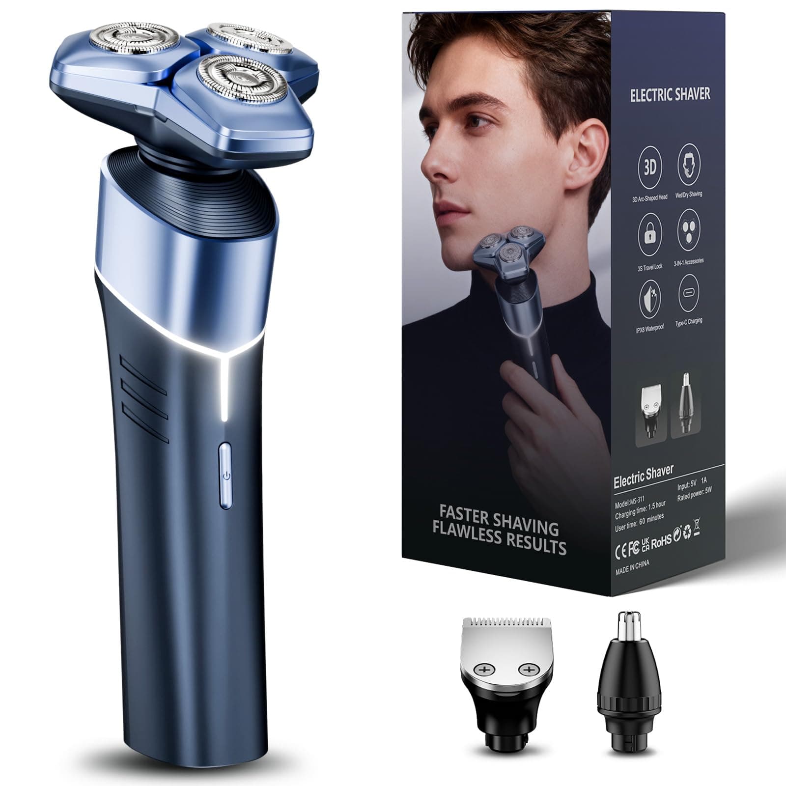 3-in-1 Rotary Electric Shaver with Clipper & Nose Trimmer