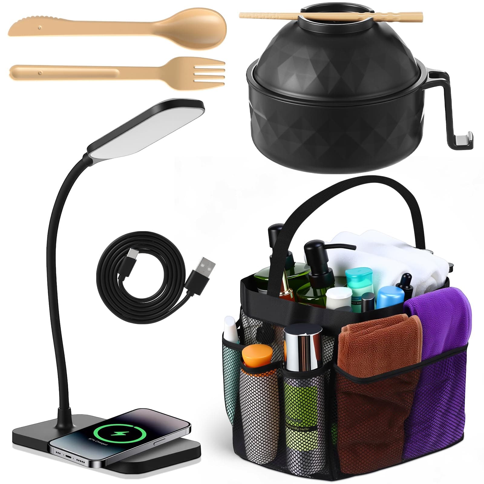 3-Piece Dorm Set: Shower Caddy, LED Lamp, Ramen Cooker