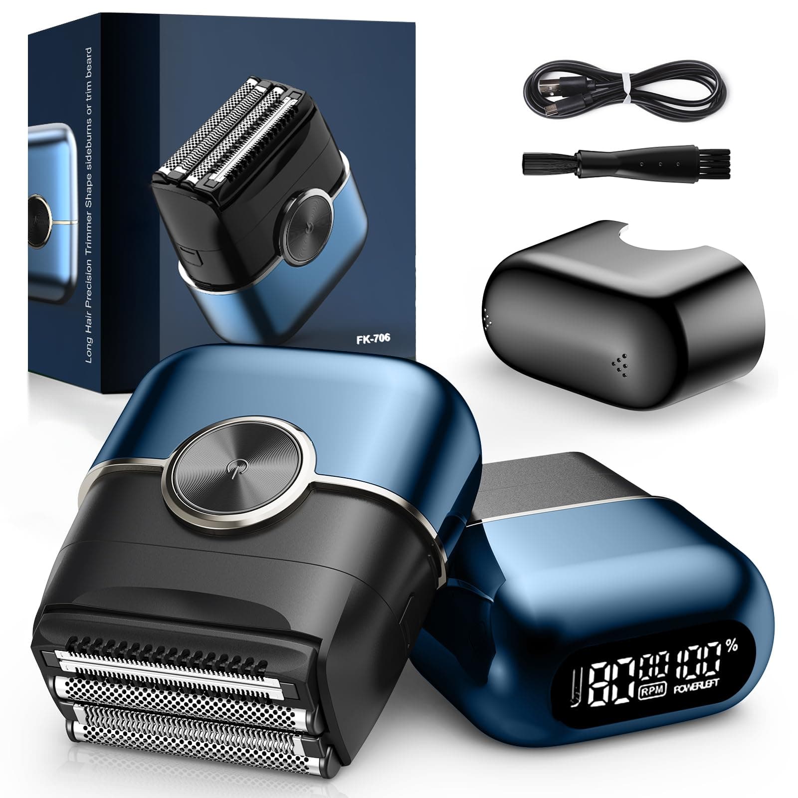 Mini Electric Foil Shaver, 4 Floating Blades & LED Display, Navy