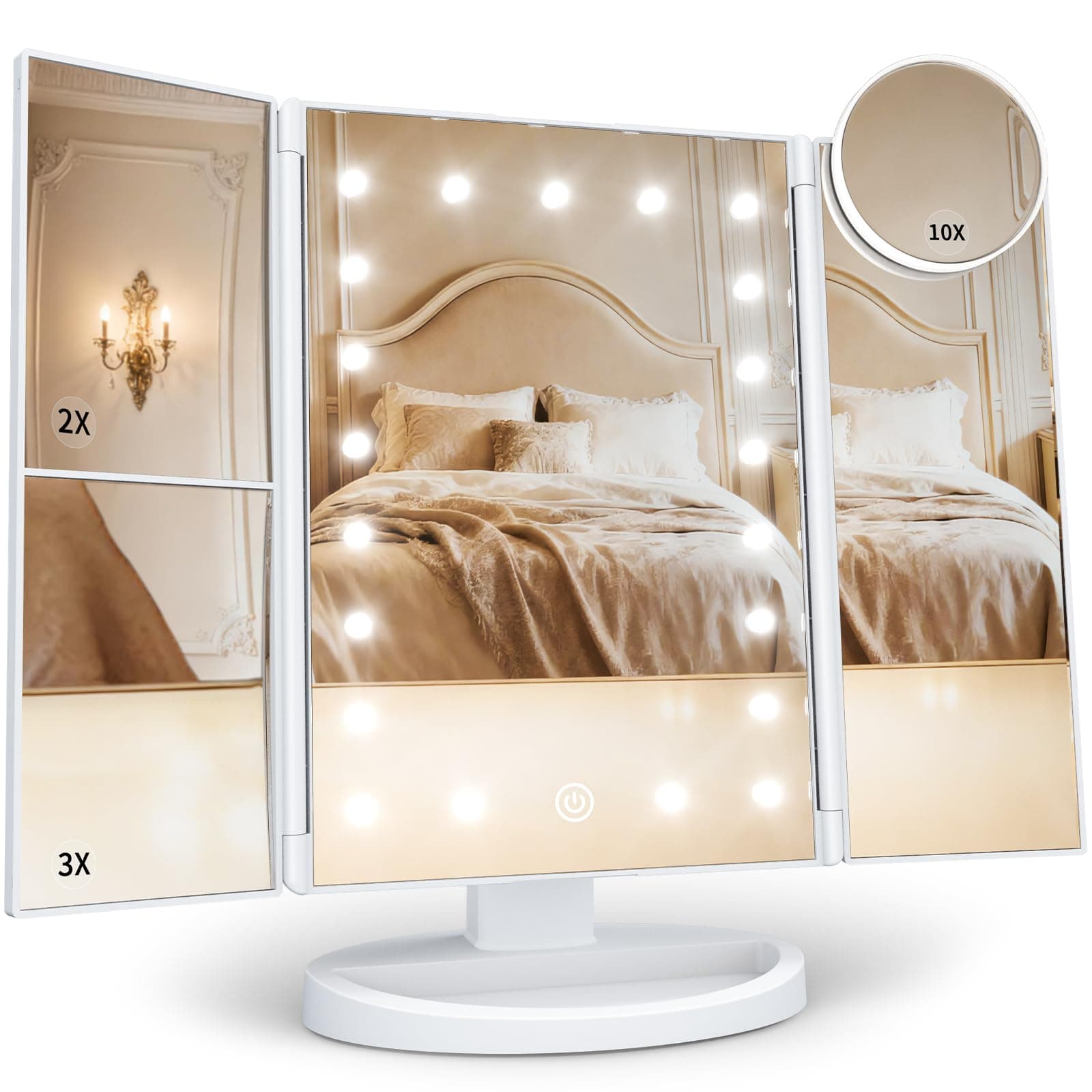 Trifold Lighted Vanity Mirror, 2X/3X/10X Magnification