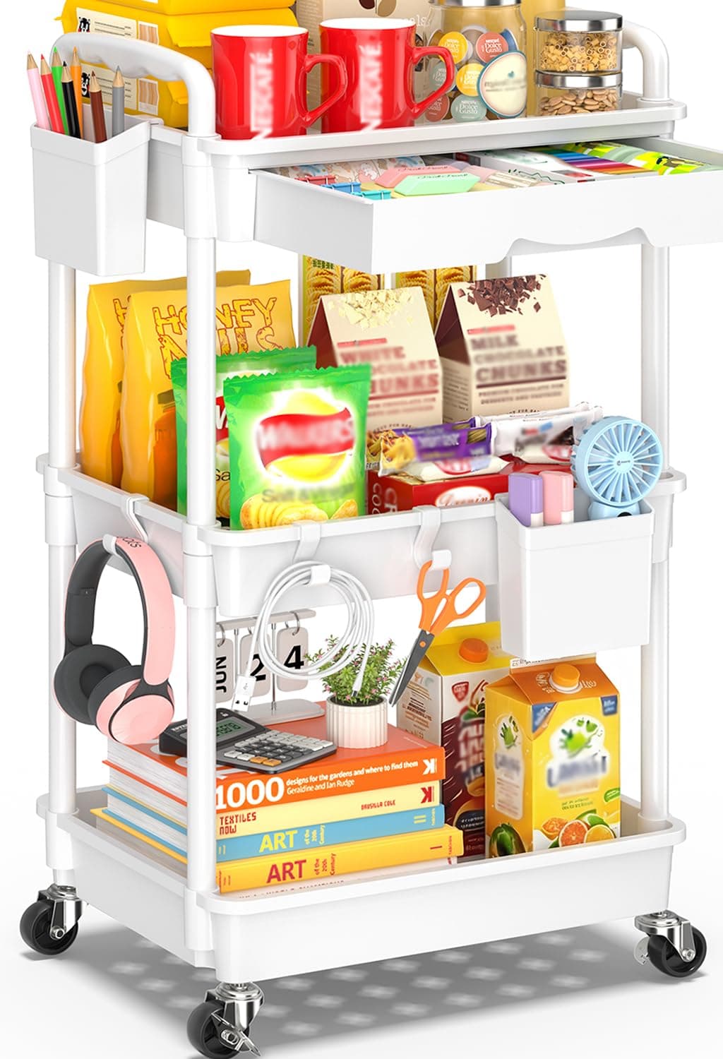 3-Tier Rolling Storage Cart with Drawer, Locking Wheels