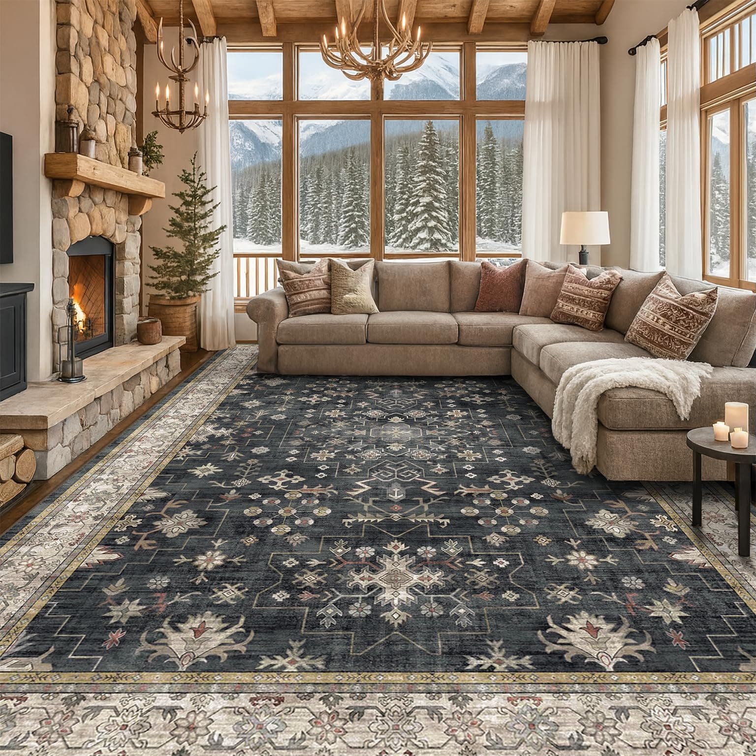 Boho Black Washable Area Rug, 10x14