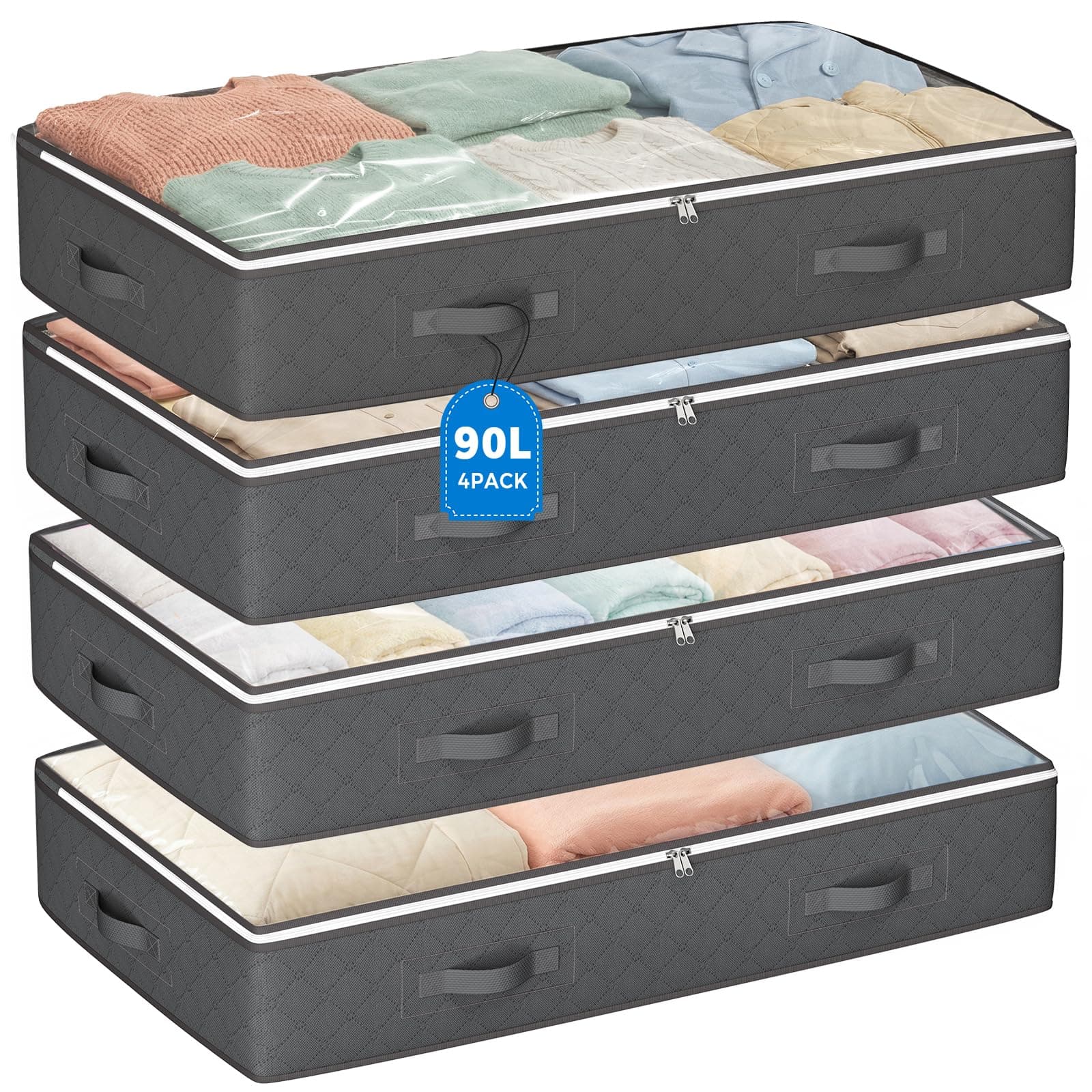 90L Under-Bed Storage Bins, 4-Pack Foldable Grey
