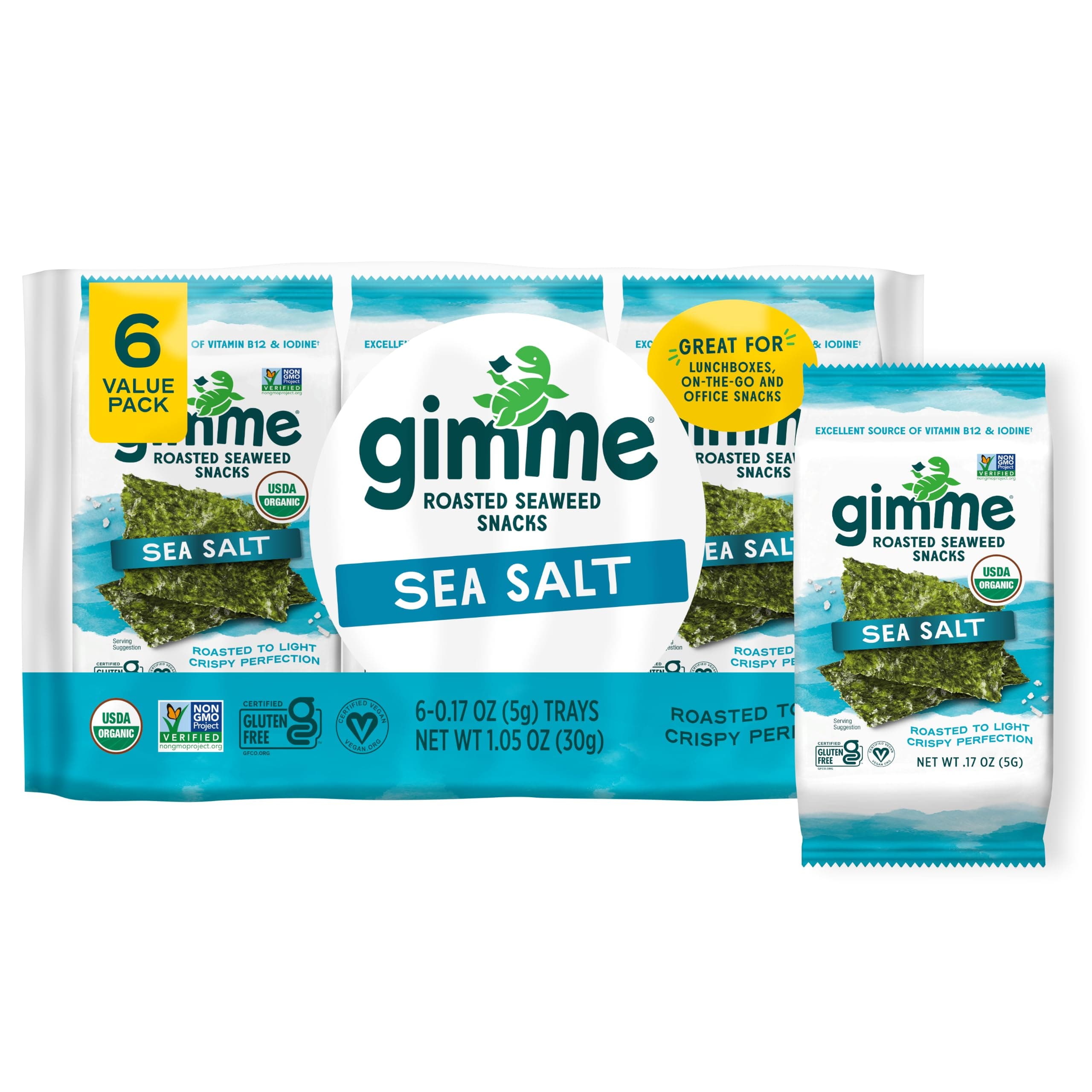 gimme Sea Salt Organic Roasted Seaweed Snacks, 6-Pack