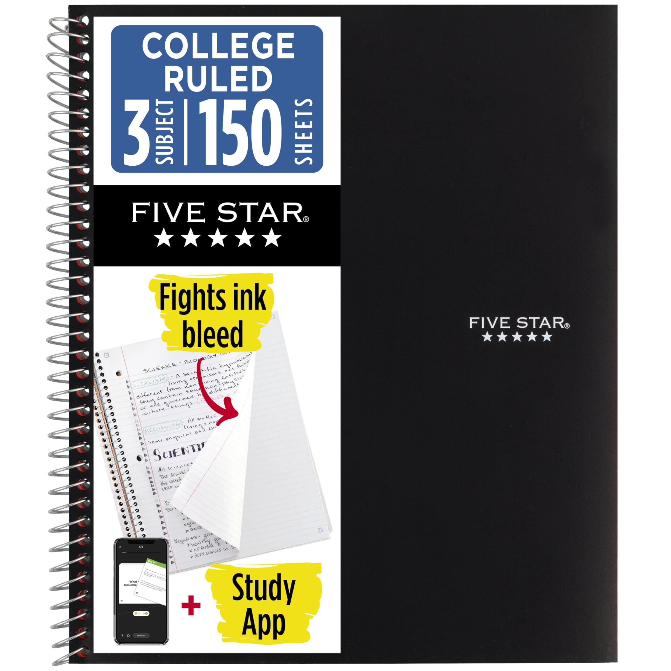 Five Star 3-Subject College Ruled Notebook, 150 Sheets