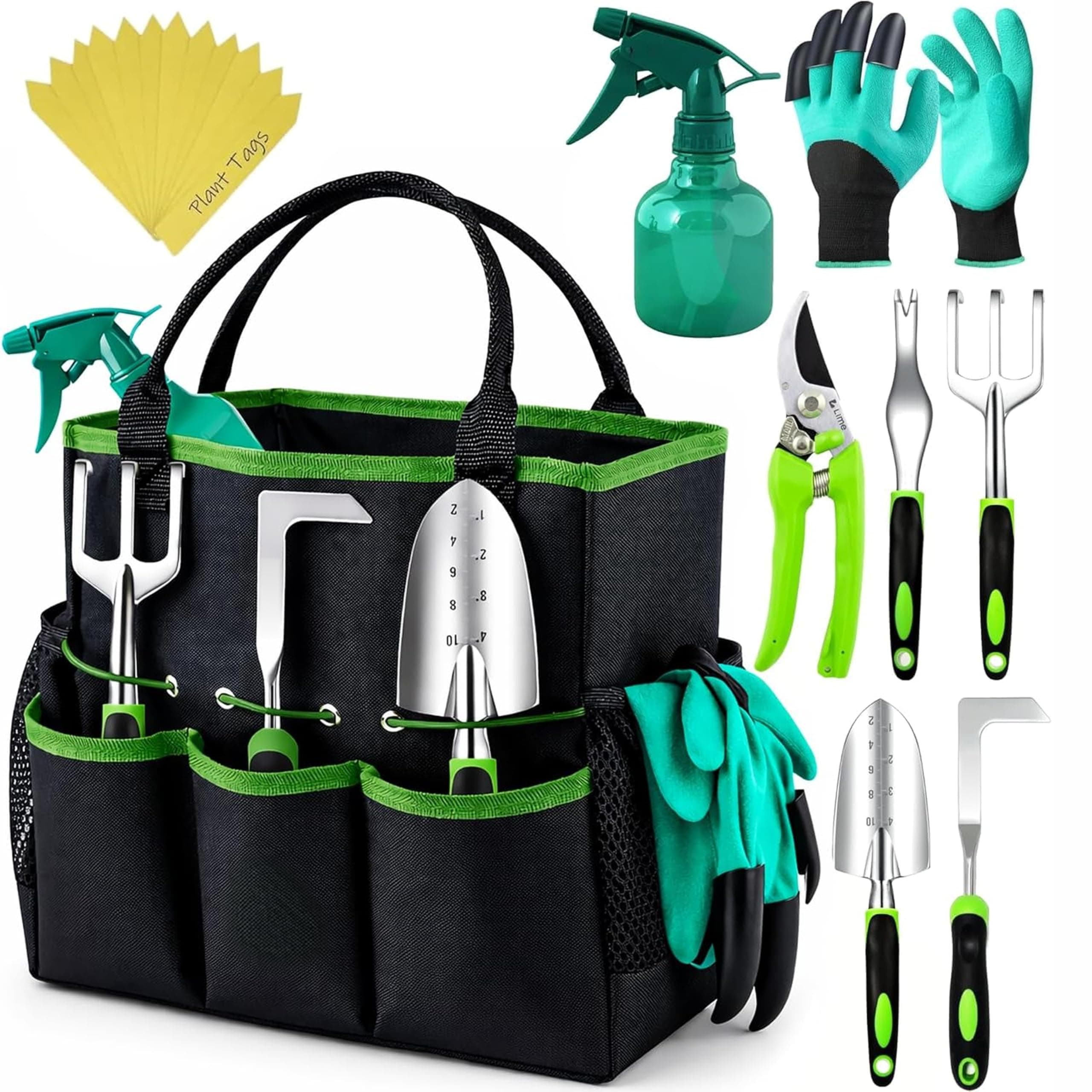 Heavy Duty Gardening Tools Set with Gloves and Tote, Green