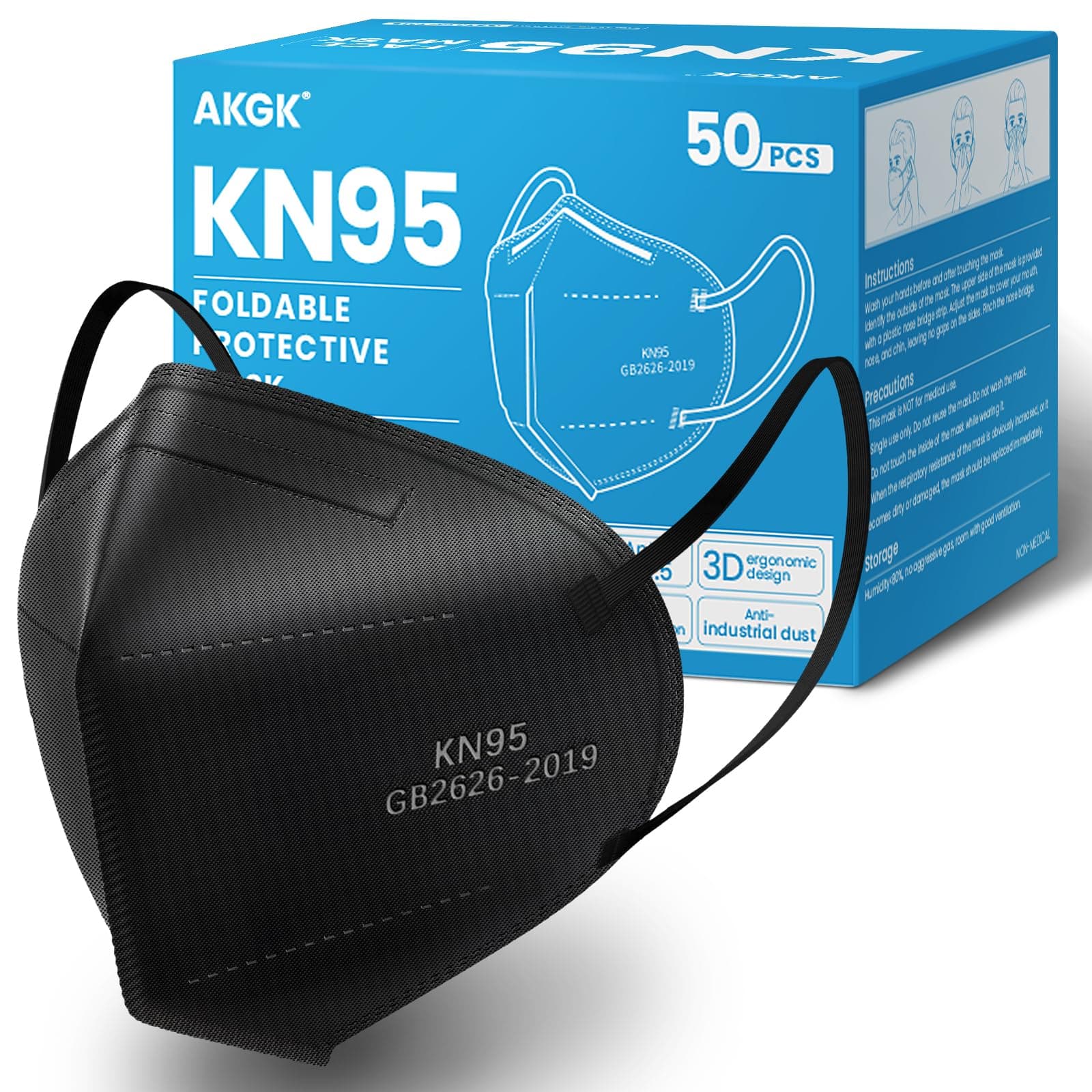 akgk 5-Ply Black KN95 Face Masks, 50-Pack