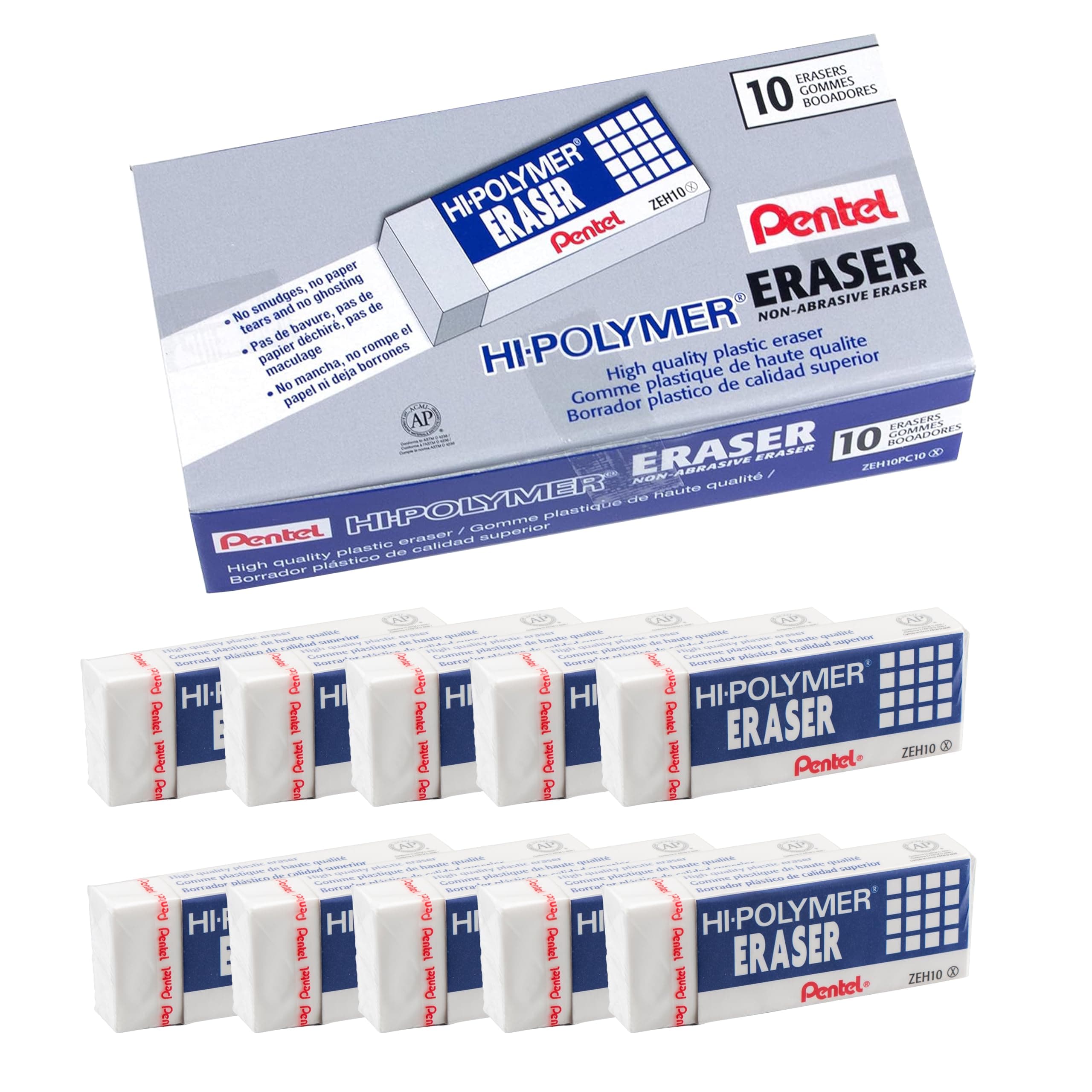 Pentel Hi-Polymer Block Erasers, White, 10-Pack