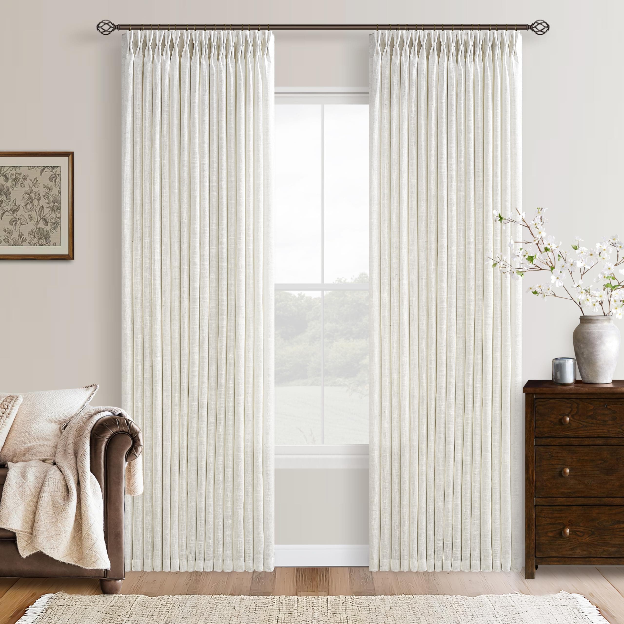 Pinch Pleat Linen Curtains, Natural Cream, 102 Inch, 2 Panels